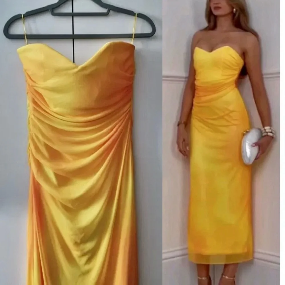 Zara NWT yellow orange tie dye printed tulle midi draped ruched sweetheart dress - Picture 1 of 15